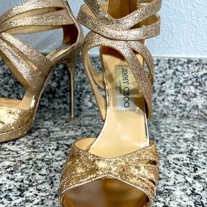 JIMMY CHOO 121 Garland glitter mix leather heel nude, size 7 (37) With Box & Bag